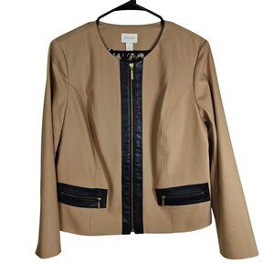 Chico’s Womens Size 2 Large 12 Tan Jacket Blazer Black Leather Accents Full Zip